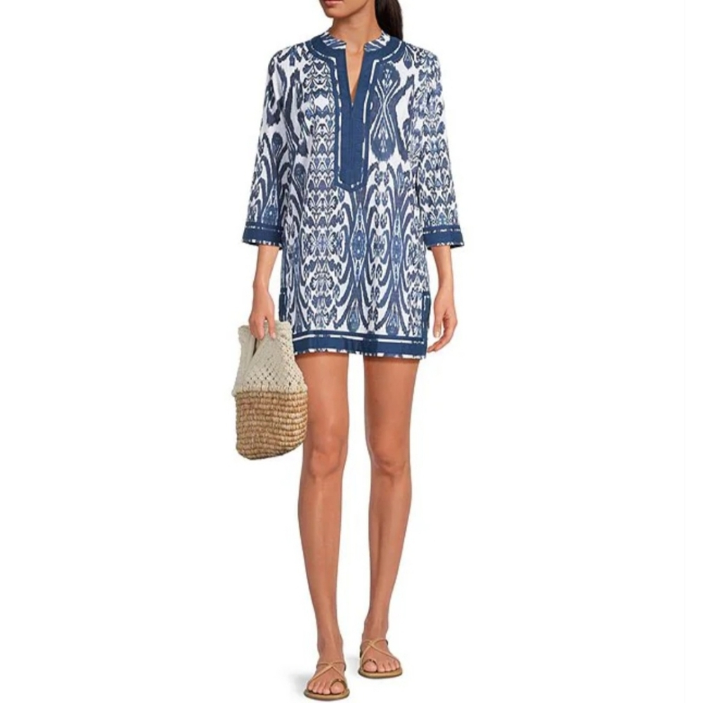 Ro's Garden V-Neck 3/4 Sleeve Mandarin Collar Kurta Mini Dress